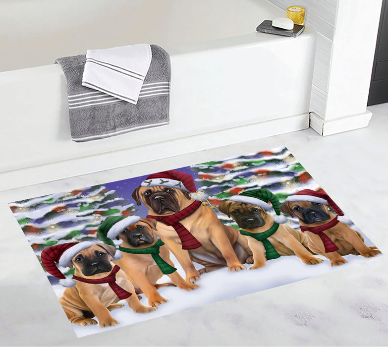 Bullmastiff Dogs Christmas Family Portrait in Holiday Scenic Background Bath Mat