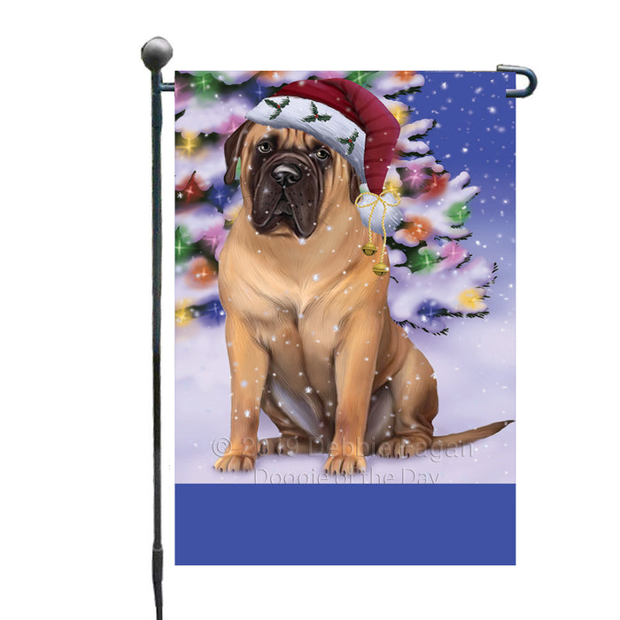 Personalized Winterland Wonderland Bullmastiff Dog In Christmas Holiday Scenic Background Custom Garden Flags GFLG-DOTD-A61270
