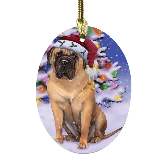 Winterland Wonderland Bullmastiff Dog In Christmas Holiday Scenic Background Oval Glass Christmas Ornament OGOR49544