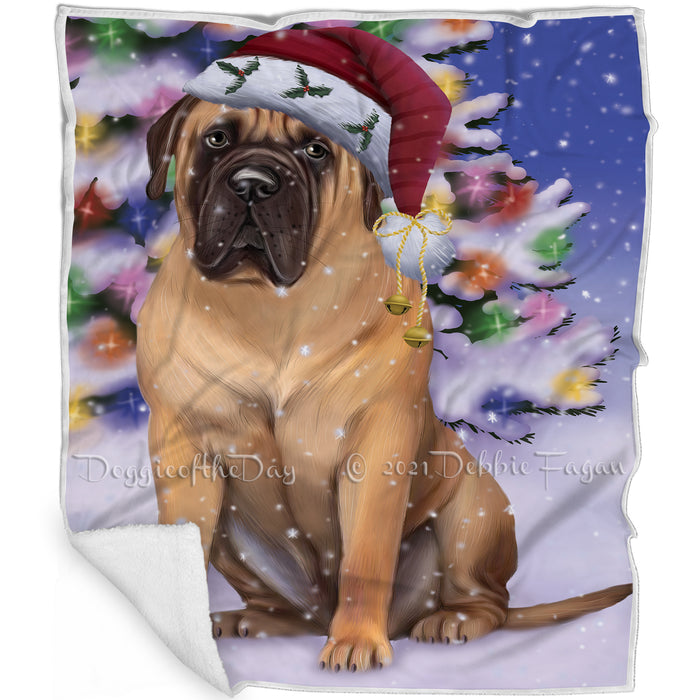 Winterland Wonderland Bullmastiff Dog In Christmas Holiday Scenic Background Blanket