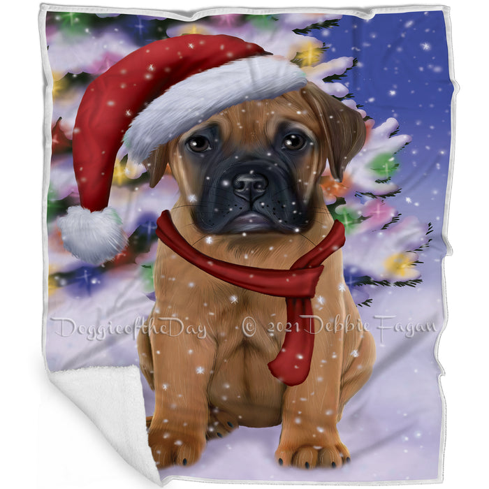 Winterland Wonderland Bullmastiff Dog In Christmas Holiday Scenic Background Blanket