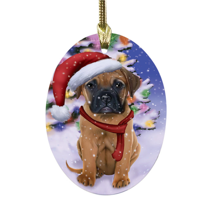 Winterland Wonderland Bullmastiff Dog In Christmas Holiday Scenic Background Oval Glass Christmas Ornament OGOR49545
