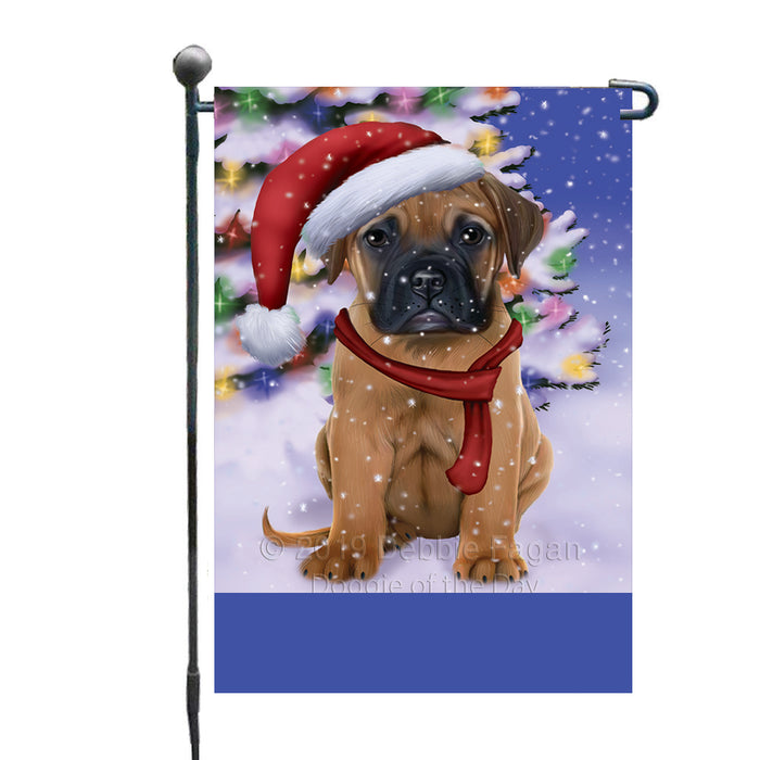 Personalized Winterland Wonderland Bullmastiff Dog In Christmas Holiday Scenic Background Custom Garden Flags GFLG-DOTD-A61271
