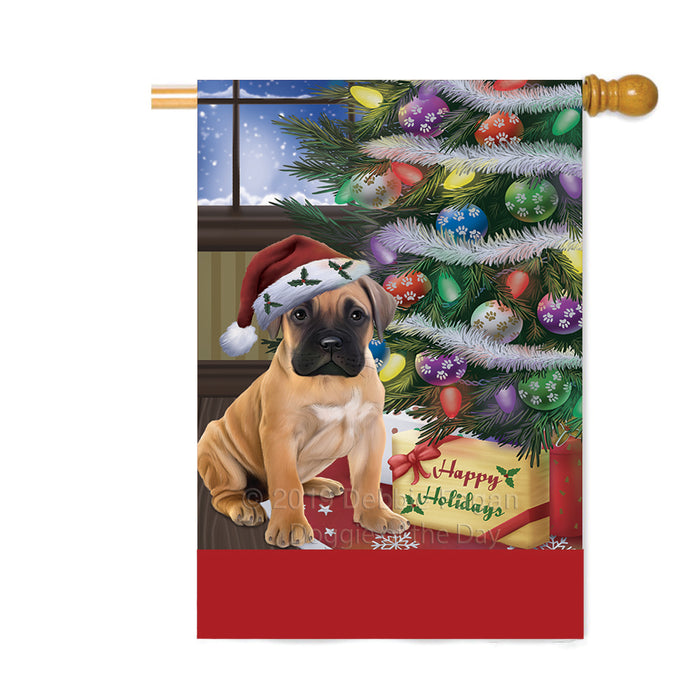 Personalized Christmas Happy Holidays Bullmastiff Dog with Tree and Presents Custom House Flag FLG-DOTD-A58666