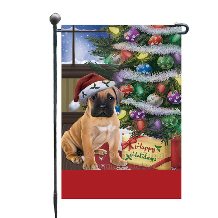 Personalized Christmas Happy Holidays Bullmastiff Dog with Tree and Presents Custom Garden Flags GFLG-DOTD-A58610