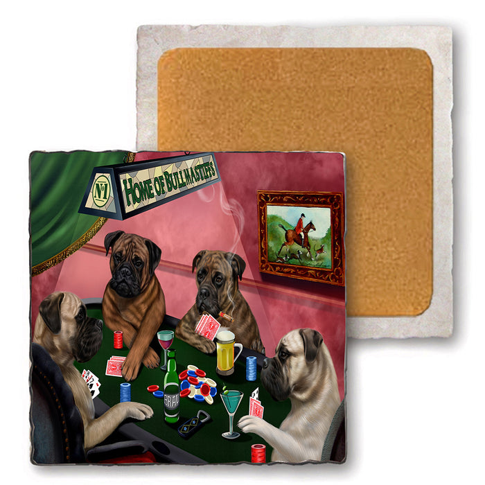Set of 4 Natural Stone Marble Tile Coasters - Home of Bullmastiff 4 Dogs Playing Poker MCST48013