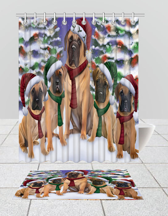 Bullmastiff Dogs Christmas Family Portrait in Holiday Scenic Background  Bath Mat and Shower Curtain Combo