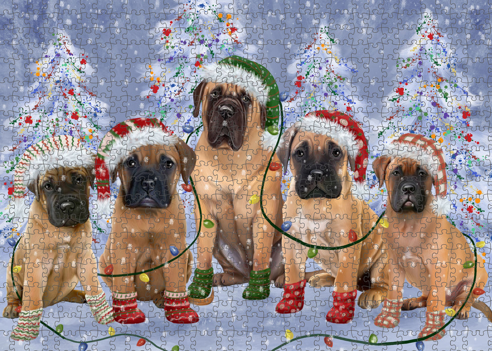 Christmas Lights and Bullmastiff Dogs Portrait Jigsaw Puzzle for Adults Animal Interlocking Puzzle Game Unique Gift for Dog Lover's with Metal Tin Box