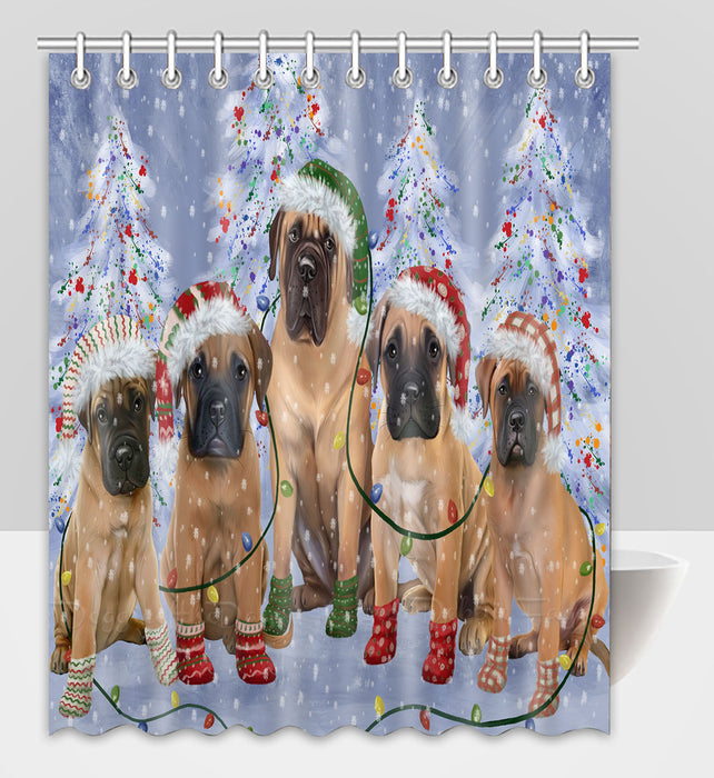 Christmas Lights and Bullmastiff Dogs Shower Curtain Pet Painting Bathtub Curtain Waterproof Polyester One-Side Printing Decor Bath Tub Curtain for Bathroom with Hooks