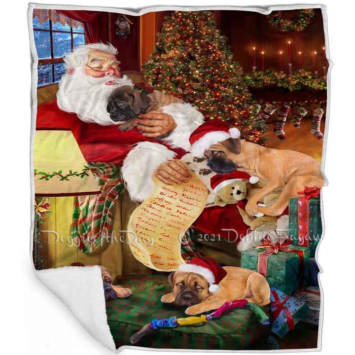 Bullmastiff Dog and Puppies Sleeping with Santa Blanket