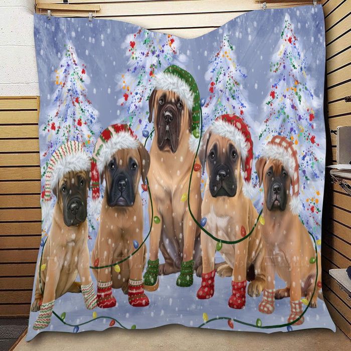 Christmas Lights and Bullmastiff Dogs  Quilt Bed Coverlet Bedspread - Pets Comforter Unique One-side Animal Printing - Soft Lightweight Durable Washable Polyester Quilt