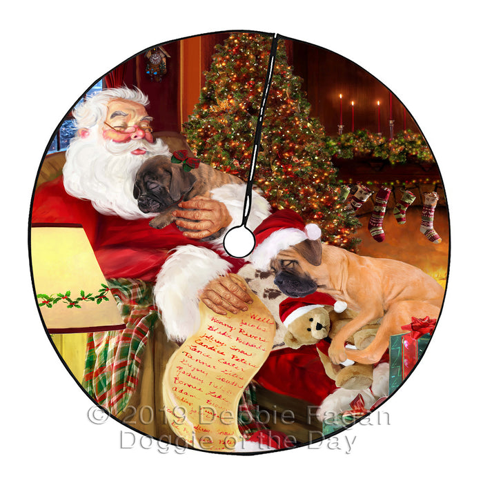 Santa Sleeping with Bullmastiff Dogs Christmas Tree Skirt