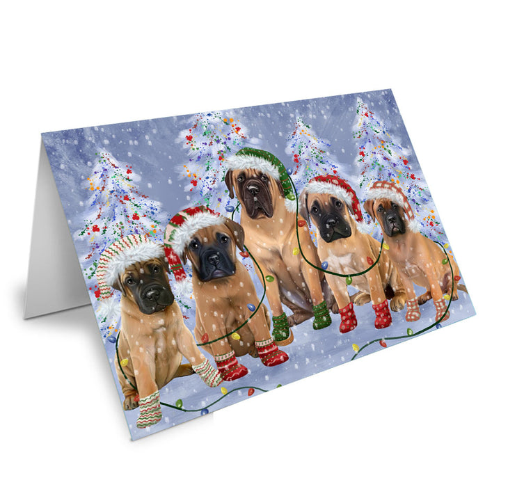 Christmas Lights and Bullmastiff Dogs Handmade Artwork Assorted Pets Greeting Cards and Note Cards with Envelopes for All Occasions and Holiday Seasons
