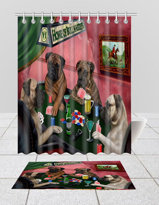 Home of  Bullmastiff Dogs Playing Poker Bath Mat and Shower Curtain Combo