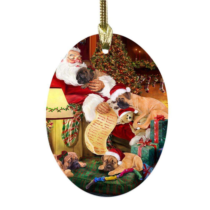 Bullmastiffs Dog and Puppies Sleeping with Santa Oval Glass Christmas Ornament OGOR49265