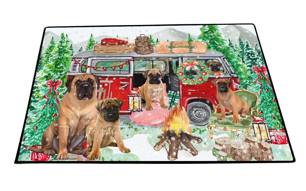 Christmas Time Camping with Bullmastiff Dogs Floor Mat- Anti-Slip Pet Door Mat Indoor Outdoor Front Rug Mats for Home Outside Entrance Pets Portrait Unique Rug Washable Premium Quality Mat