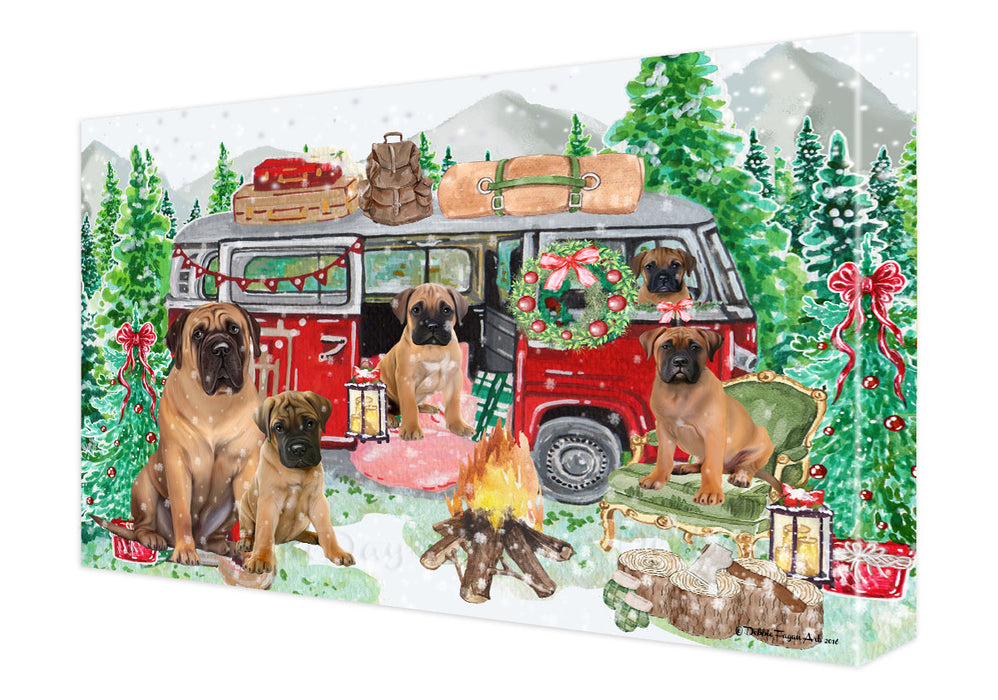 Christmas Time Camping with Bullmastiff Dogs Canvas Wall Art - Premium Quality Ready to Hang Room Decor Wall Art Canvas - Unique Animal Printed Digital Painting for Decoration