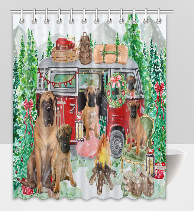 Christmas Time Camping with Bullmastiff Dogs Shower Curtain Pet Painting Bathtub Curtain Waterproof Polyester One-Side Printing Decor Bath Tub Curtain for Bathroom with Hooks