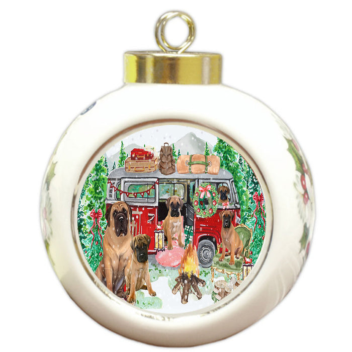 Christmas Time Camping with Bullmastiff Dogs Round Ball Christmas Ornament Pet Decorative Hanging Ornaments for Christmas X-mas Tree Decorations - 3" Round Ceramic Ornament