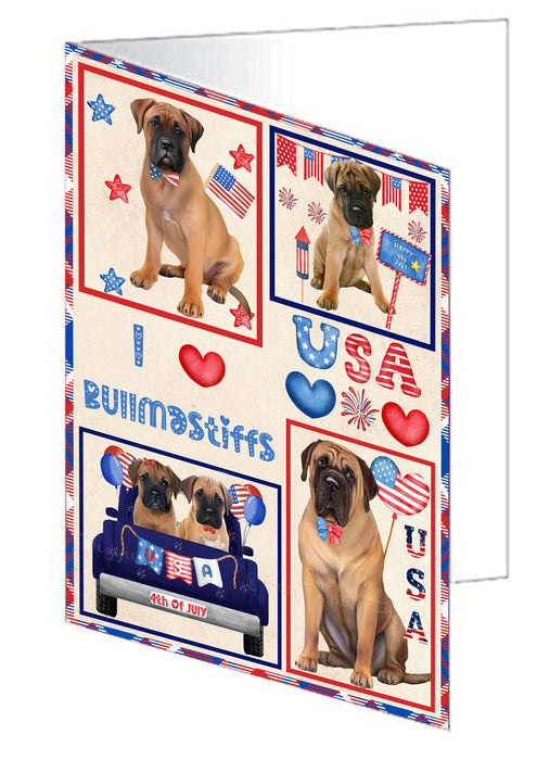 4th of July Independence Day I Love USA Bullmastiff Dogs Handmade Artwork Assorted Pets Greeting Cards and Note Cards with Envelopes for All Occasions and Holiday Seasons
