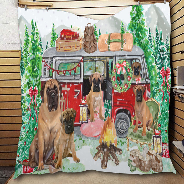 Christmas Time Camping with Bullmastiff Dogs  Quilt Bed Coverlet Bedspread - Pets Comforter Unique One-side Animal Printing - Soft Lightweight Durable Washable Polyester Quilt