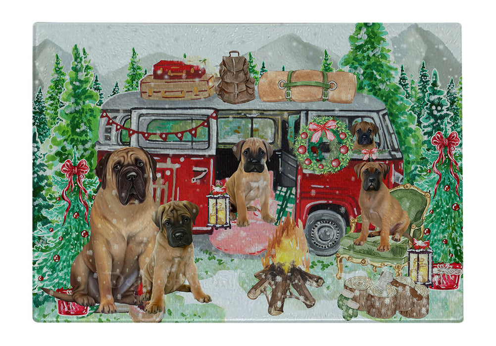 Christmas Time Camping with Bullmastiff Dogs Cutting Board - For Kitchen - Scratch & Stain Resistant - Designed To Stay In Place - Easy To Clean By Hand - Perfect for Chopping Meats, Vegetables
