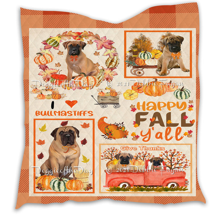 Happy Fall Y'all Pumpkin Bullmastiff Dogs Quilt Bed Coverlet Bedspread - Pets Comforter Unique One-side Animal Printing - Soft Lightweight Durable Washable Polyester Quilt