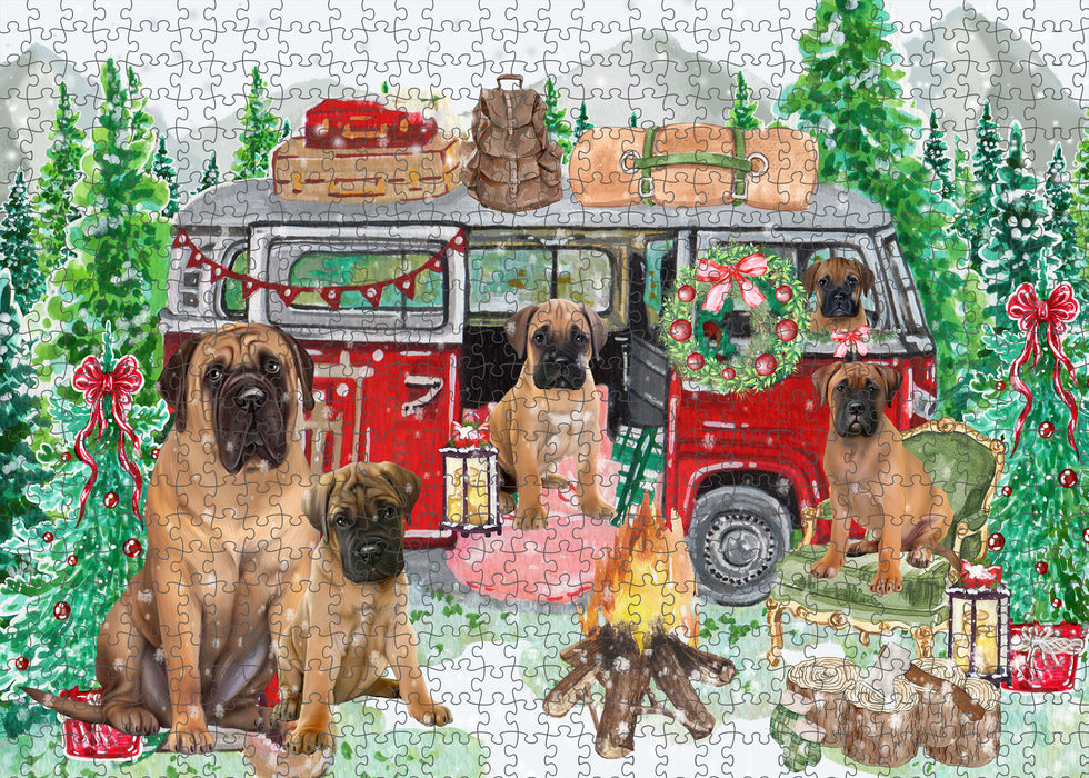 Christmas Time Camping with Bullmastiff Dogs Portrait Jigsaw Puzzle for Adults Animal Interlocking Puzzle Game Unique Gift for Dog Lover's with Metal Tin Box