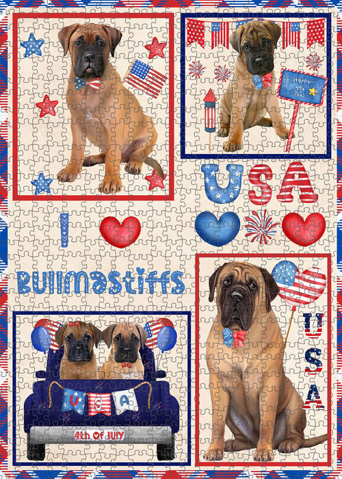 4th of July Independence Day I Love USA Bullmastiff Dogs Portrait Jigsaw Puzzle for Adults Animal Interlocking Puzzle Game Unique Gift for Dog Lover's with Metal Tin Box