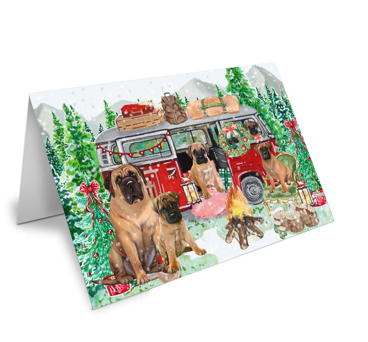 Christmas Time Camping with Bullmastiff Dogs Handmade Artwork Assorted Pets Greeting Cards and Note Cards with Envelopes for All Occasions and Holiday Seasons