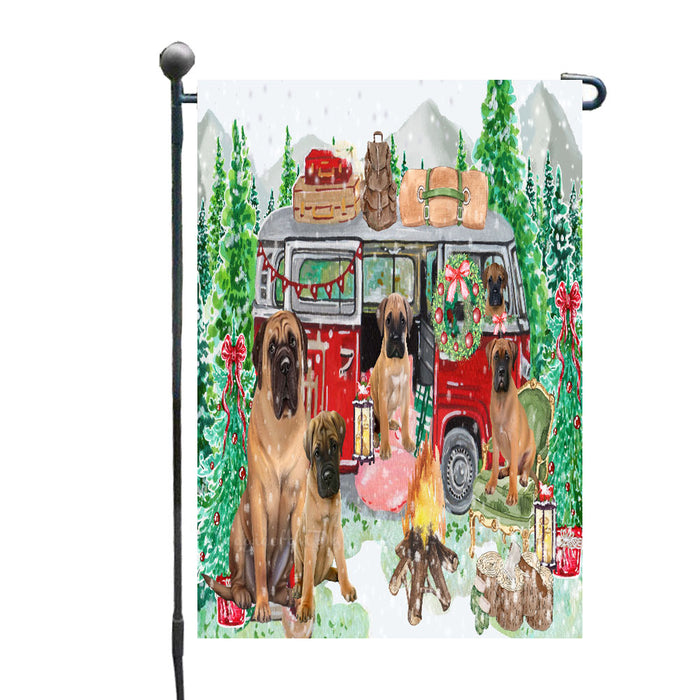 Christmas Time Camping with Bullmastiff Dogs Garden Flags- Outdoor Double Sided Garden Yard Porch Lawn Spring Decorative Vertical Home Flags 12 1/2"w x 18"h