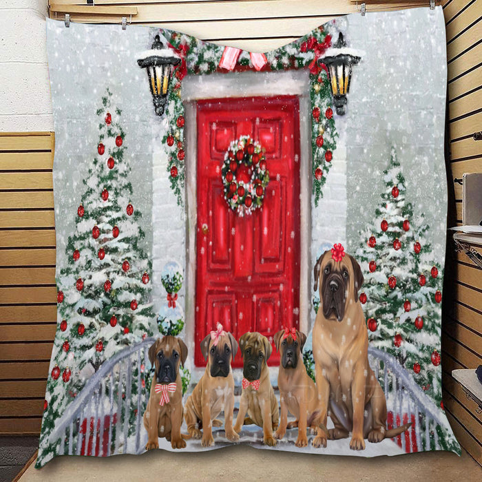 Christmas Holiday Welcome Bullmastiff Dogs  Quilt Bed Coverlet Bedspread - Pets Comforter Unique One-side Animal Printing - Soft Lightweight Durable Washable Polyester Quilt