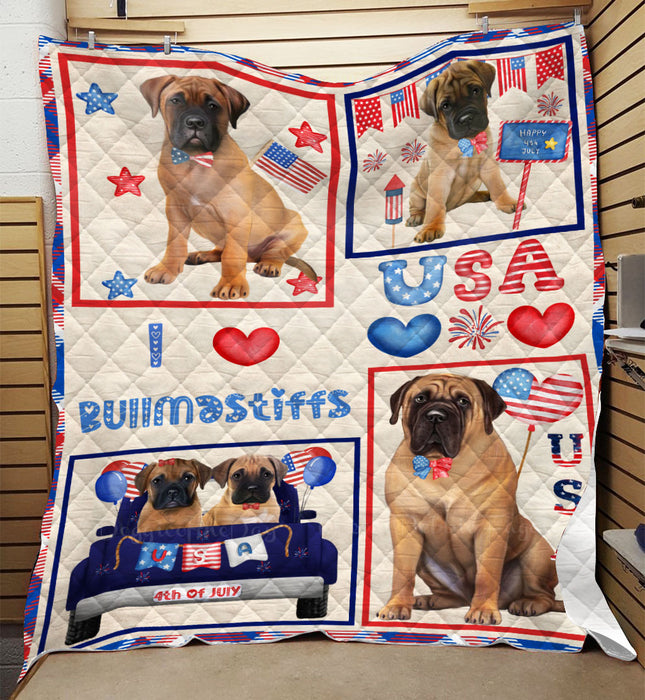 4th of July Independence Day I Love USA Bullmastiff Dogs Quilt Bed Coverlet Bedspread - Pets Comforter Unique One-side Animal Printing - Soft Lightweight Durable Washable Polyester Quilt