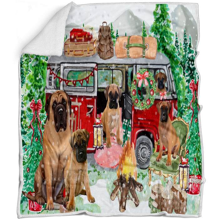 Christmas Time Camping with Bullmastiff Dogs Blanket - Lightweight Soft Cozy and Durable Bed Blanket - Animal Theme Fuzzy Blanket for Sofa Couch