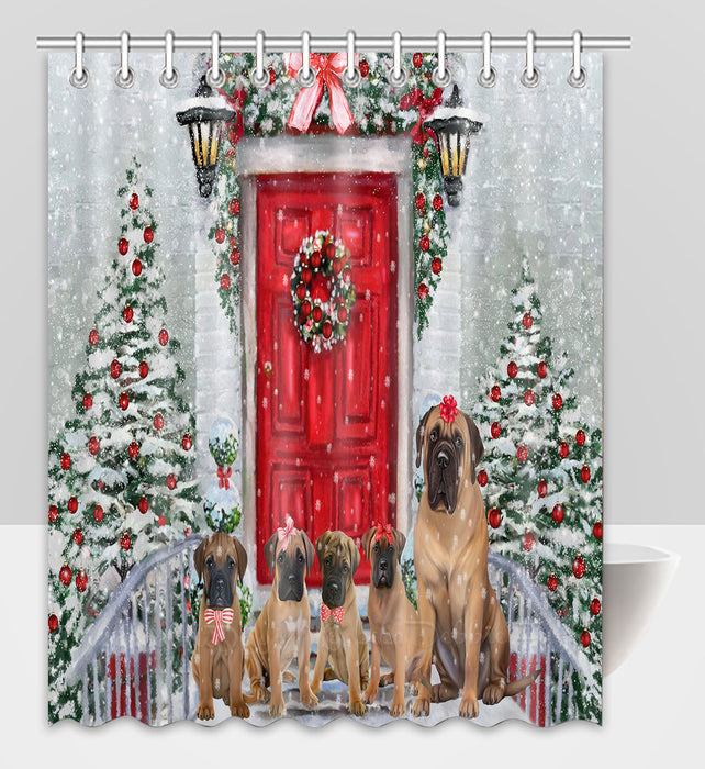 Christmas Holiday Welcome Bullmastiff Dogs Shower Curtain Pet Painting Bathtub Curtain Waterproof Polyester One-Side Printing Decor Bath Tub Curtain for Bathroom with Hooks