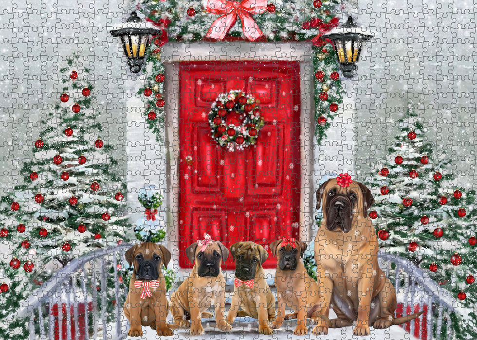 Christmas Holiday Welcome Bullmastiff Dogs Portrait Jigsaw Puzzle for Adults Animal Interlocking Puzzle Game Unique Gift for Dog Lover's with Metal Tin Box