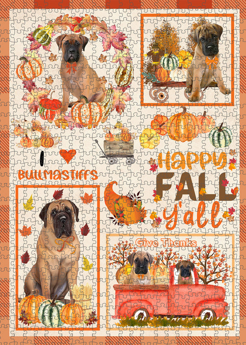 Happy Fall Y'all Pumpkin Bullmastiff Dogs Portrait Jigsaw Puzzle for Adults Animal Interlocking Puzzle Game Unique Gift for Dog Lover's with Metal Tin Box