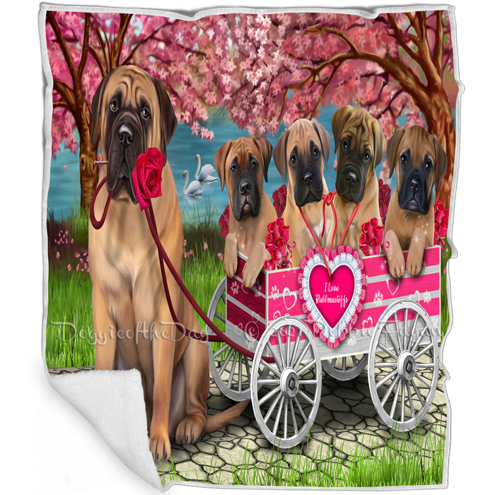 I Love Bullmastiffs Dogs in a Cart Art Portrait Print Woven Throw Sherpa Plush Fleece Blanket D068