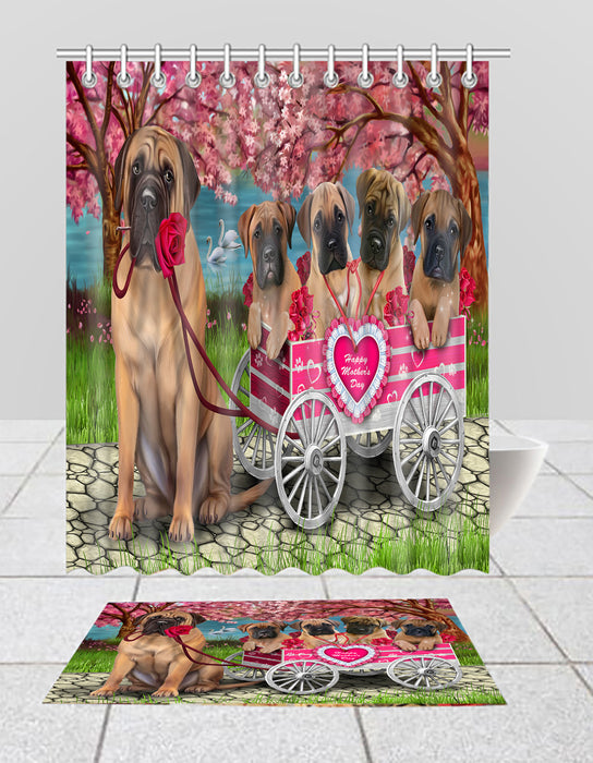 I Love Bullmastiff Dogs in a Cart Bath Mat and Shower Curtain Combo