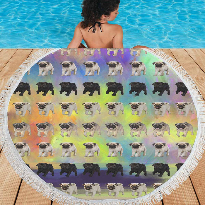 Pug Dogs  Round Beach Mat 59’’