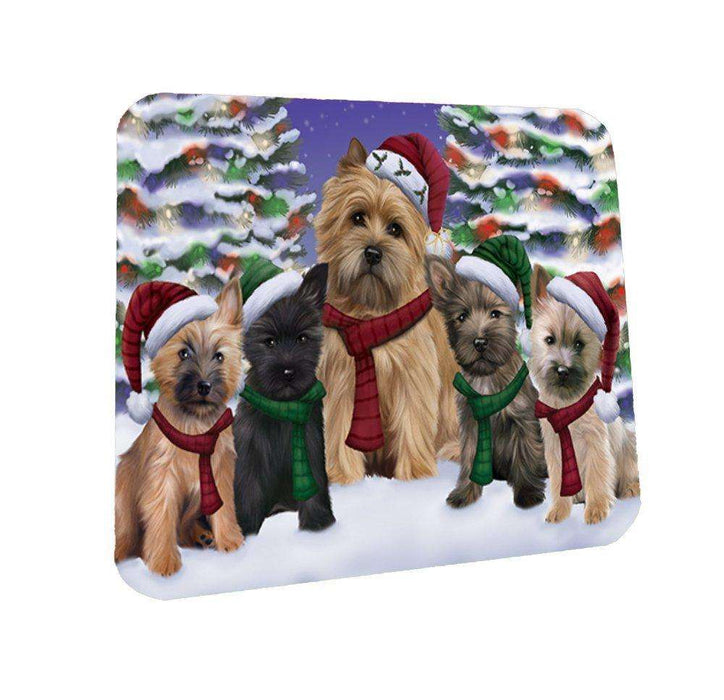 Cairn Terrier Dog Christmas Family Portrait in Holiday Scenic Background Coasters Set of 4