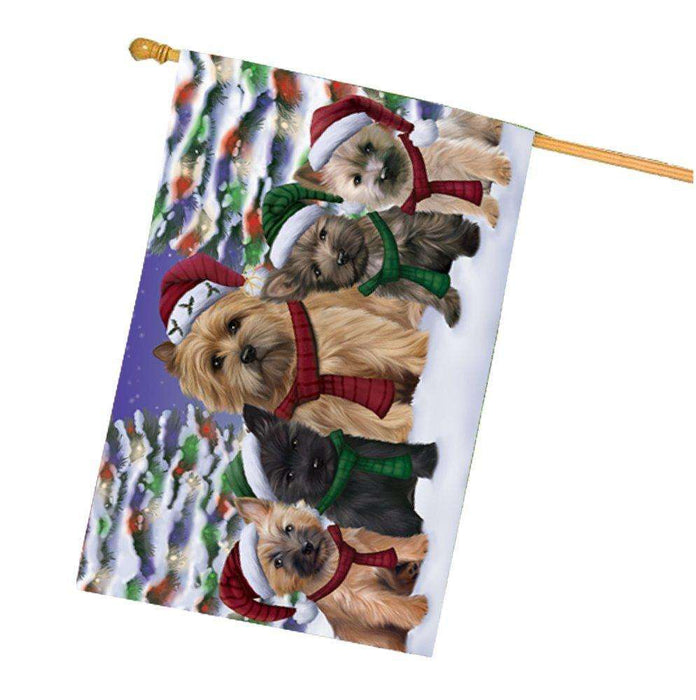 Cairn Terrier Dog Christmas Family Portrait in Holiday Scenic Background House Flag