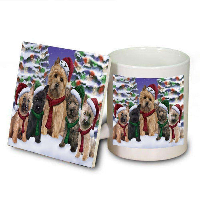 Cairn Terrier Dog Christmas Family Portrait in Holiday Scenic Background Mug and Coaster Set