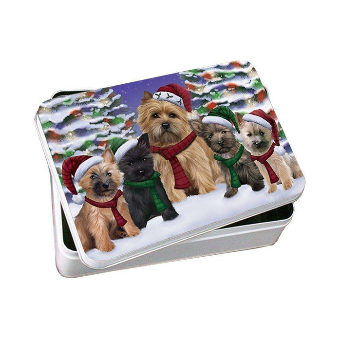 Cairn Terrier Dog Christmas Family Portrait in Holiday Scenic Background Photo Storage Tin