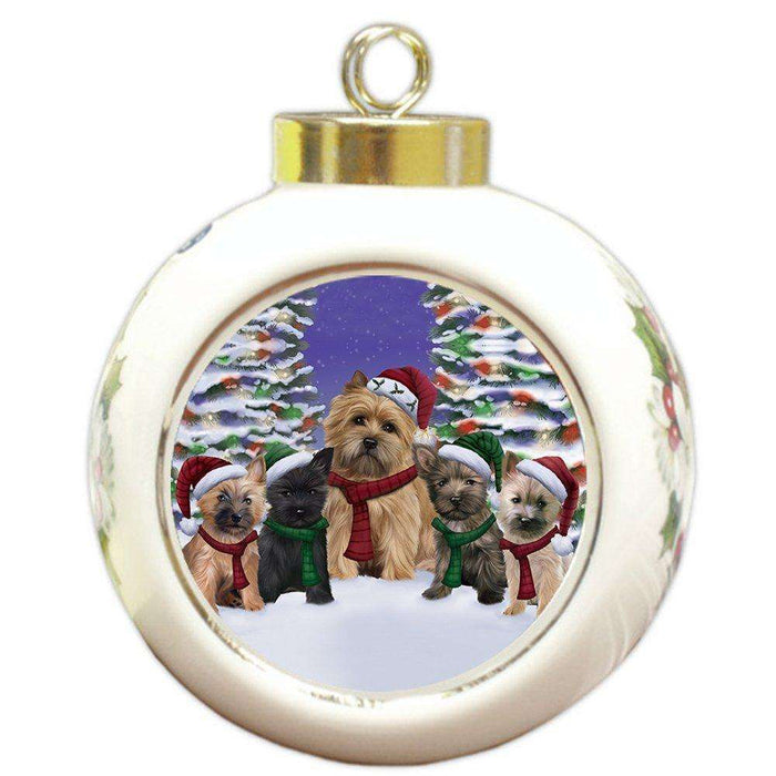 Cairn Terrier Dog Christmas Family Portrait in Holiday Scenic Background Round Ball Ornament