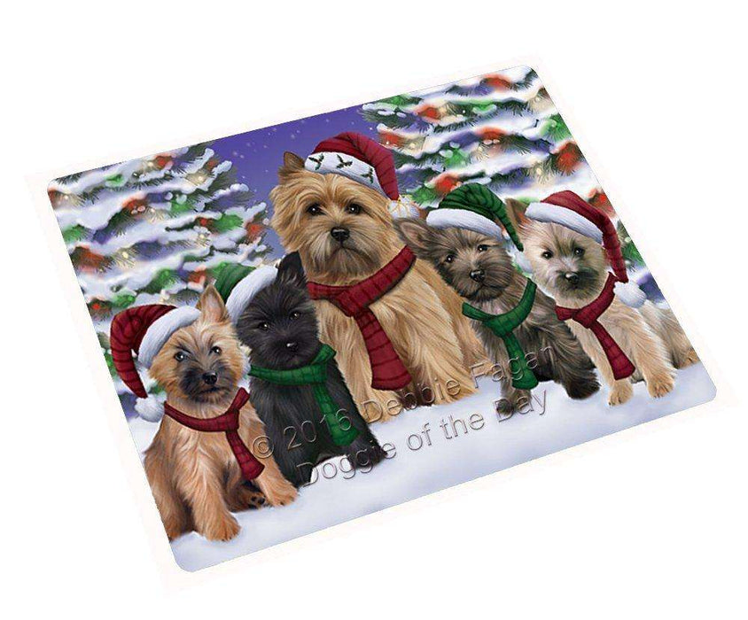 Cairn Terrier Dog Christmas Family Portrait in Holiday Scenic Background Tempered Cutting Board