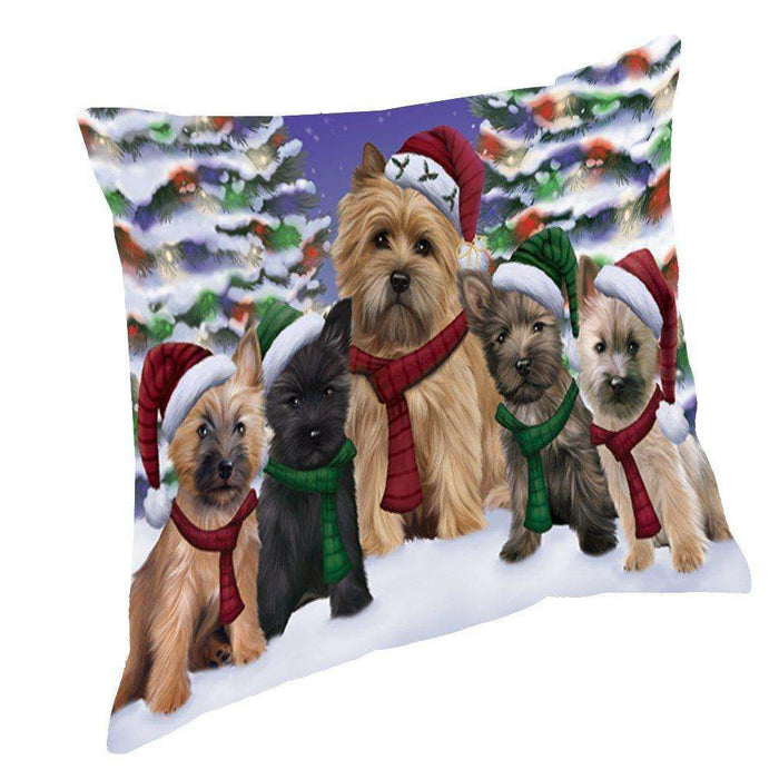 Cairn Terrier Dog Christmas Family Portrait in Holiday Scenic Background Throw Pillow