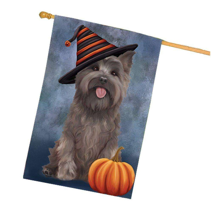 Cairn Terrier Dog Wearing Witch Hat with Pumpkin House Flag