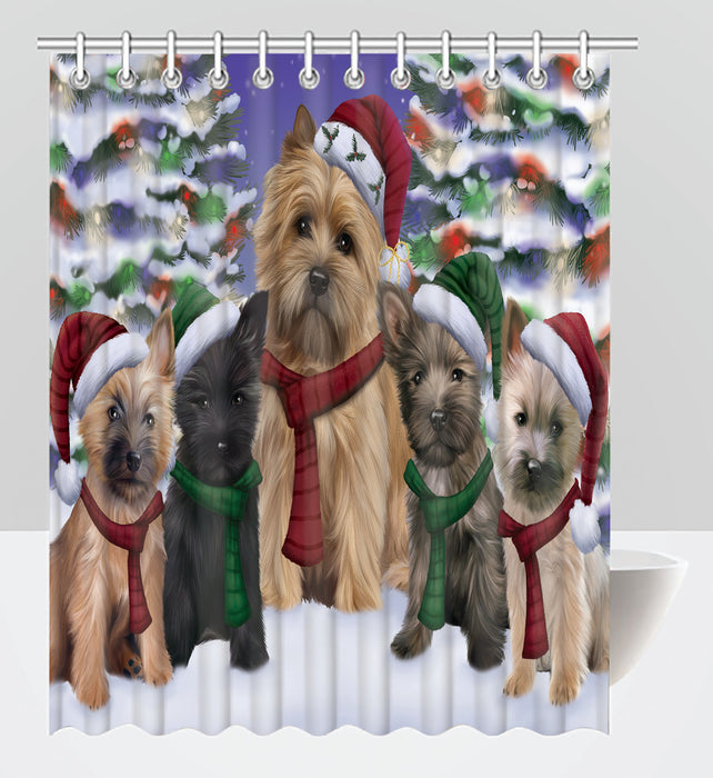 Cairn Terrier Dogs Christmas Family Portrait in Holiday Scenic Background Shower Curtain