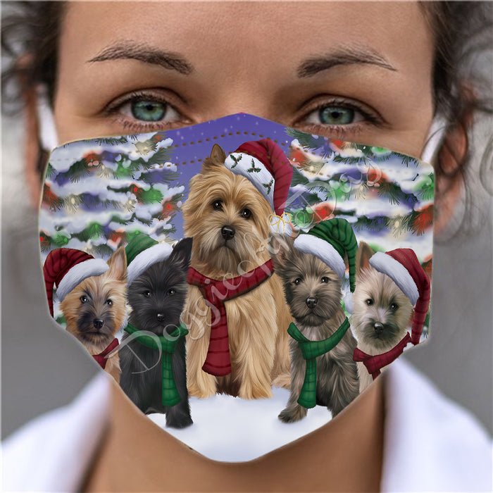 Cairn Terrier Dogs Christmas Family Portrait in Holiday Scenic Background Face Mask FM48331